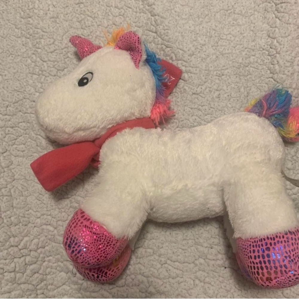 Adorable White Plush Unicorn with Pink and Rainbow Details